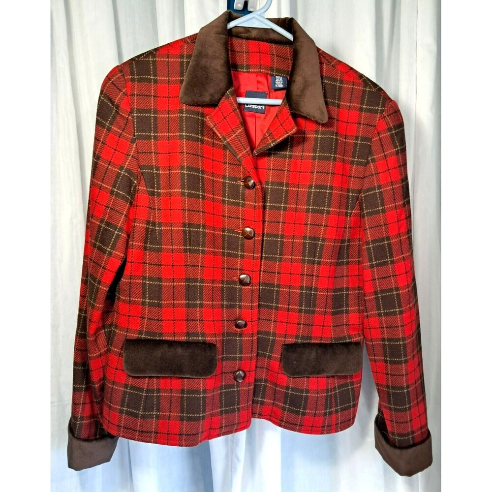 Vintage Liz Red Brown Equestrian Plaid Lined Wool Blend Riding Jacket Blazer 10